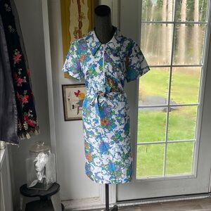 Vintage Colorful Floral Dress with Belt and Front Zip